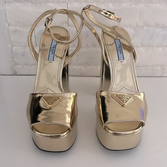 Prada Platform Plateau Ankle Strap Heel Sandals in Metallic Gold 37.5, US 7.5 - Picture 5 of 14